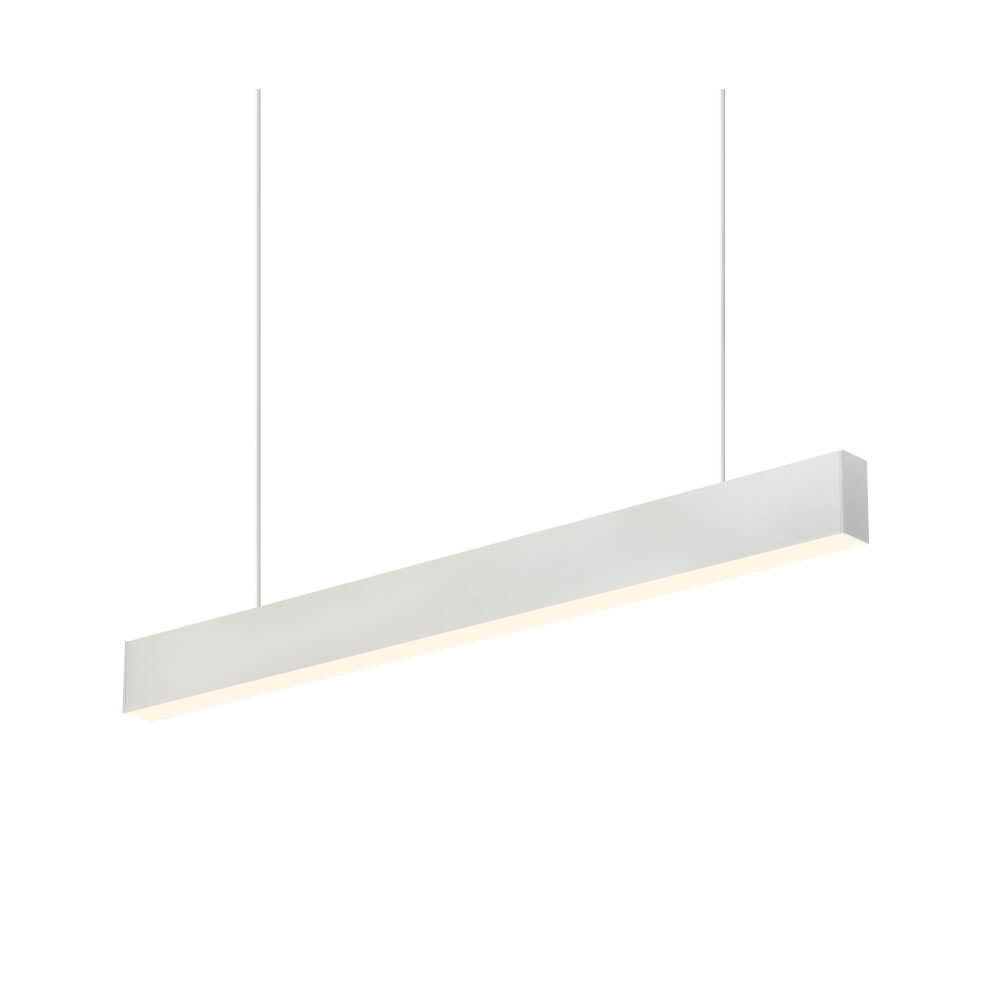 1x4 LED Direct/Indirect pendant light by Halcon Lighting with field-CCT and wattage selectable options for commercial spaces.