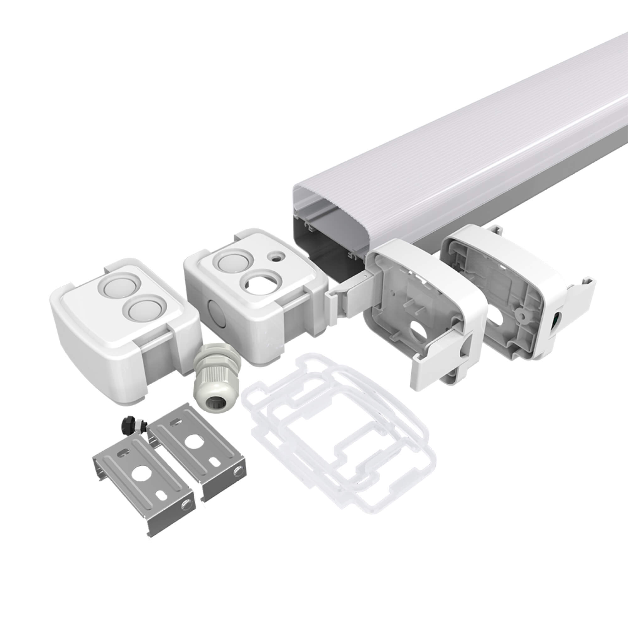 Disassembled Vapor Tight LED light fixture showcasing main housing, covers, brackets, and sealing components, ideal for harsh environments