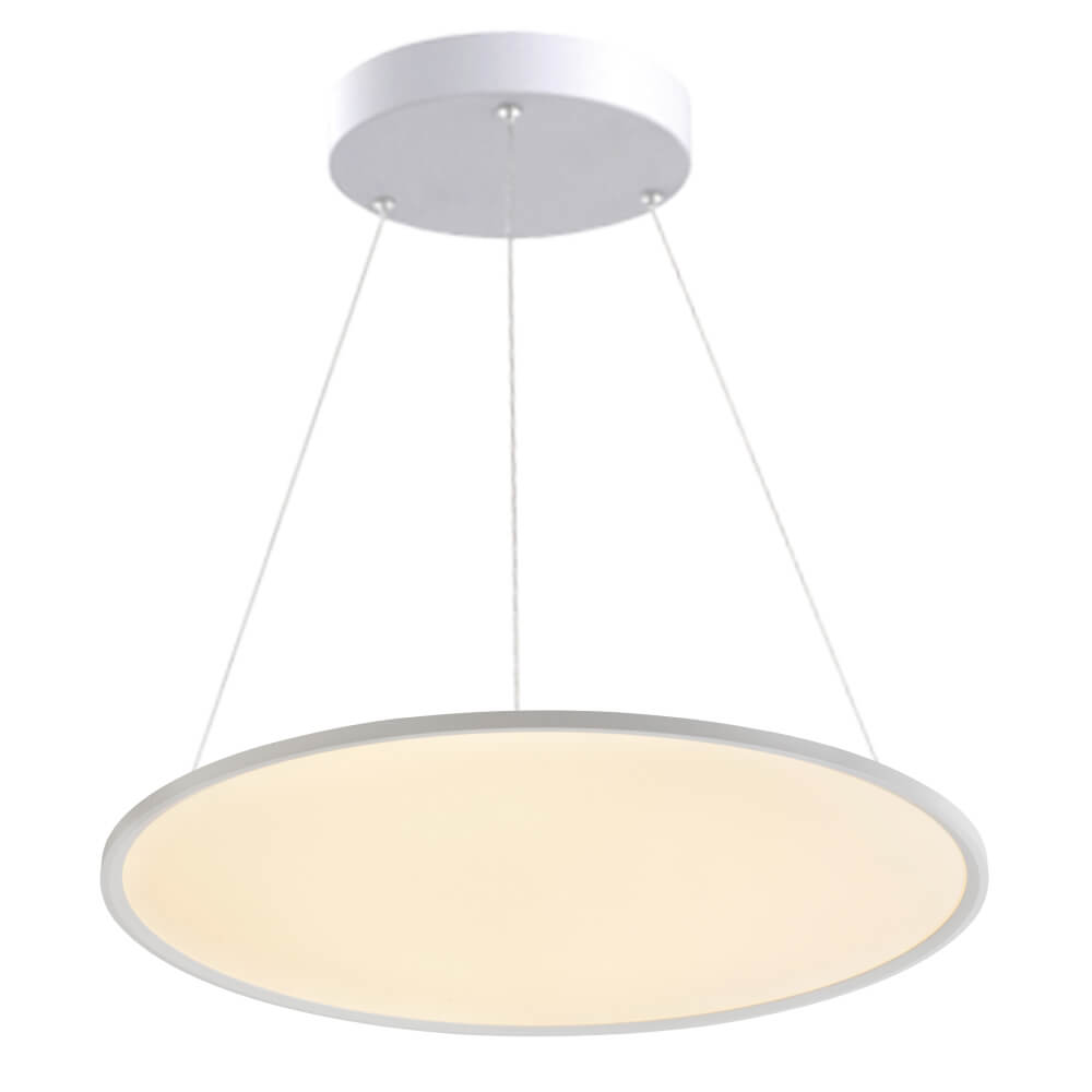 Elegant white LED pendant light P1908 with customizable sizes and finishes, featuring energy-efficient direct/indirect lighting options for contemporary interiors.