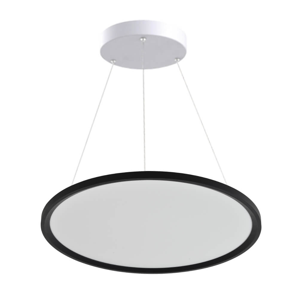 Halcon Round LED Pendant Light with black finish, available in various sizes with direct/indirect lighting options