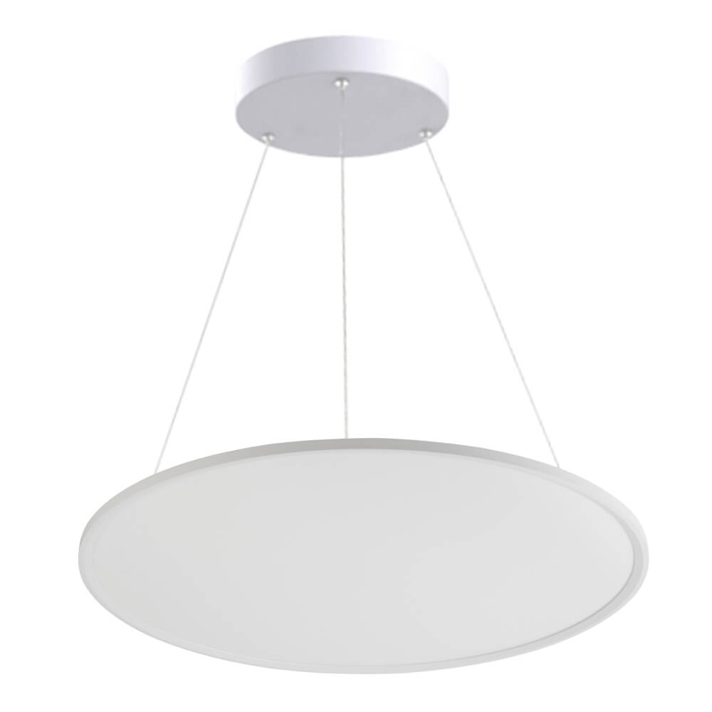 "Halcon Round LED Pendant Light P1908 in white finish with direct/indirect lighting options."