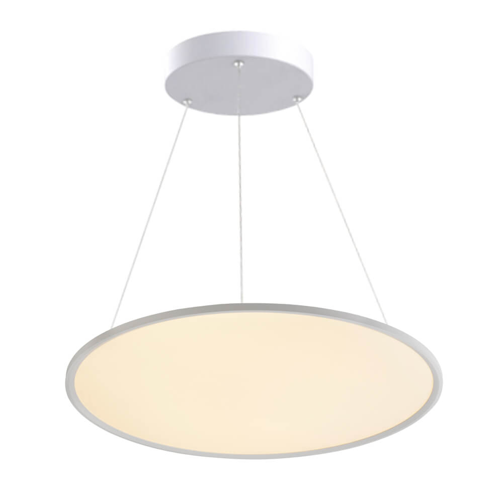 Elegant Halcon Round LED Pendant Light in contemporary white finish, showing the 240mm size option with sleek suspension cables for modern lighting design.